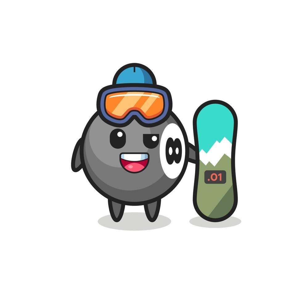 Ilustración de personaje de billar de 8 bolas con tabla de snowboard vector