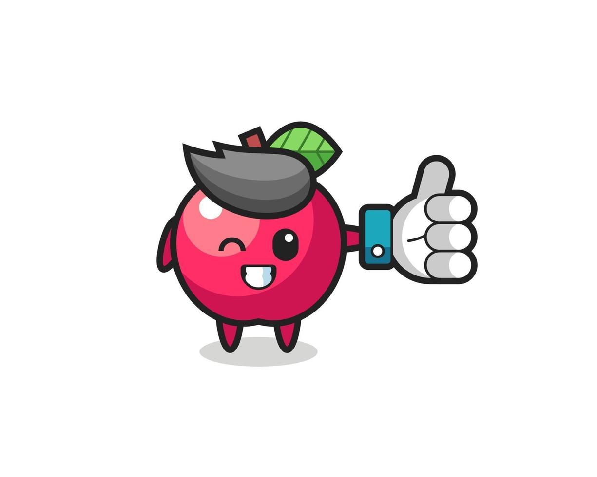 cute apple with social media thumbs up symbol vector
