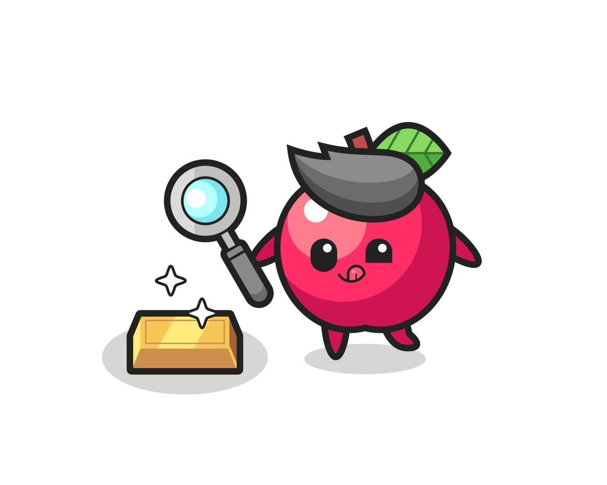 apple character is checking the authenticity of the gold bullion vector