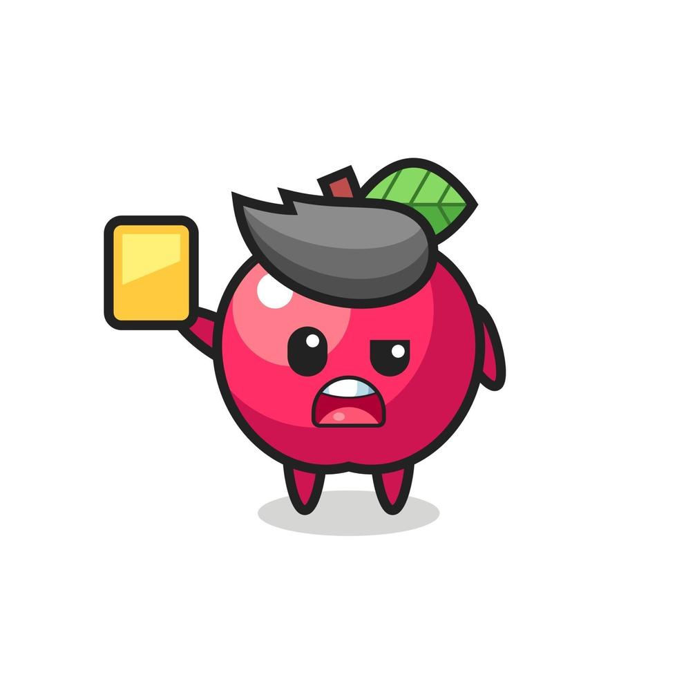 cartoon apple character as a football referee giving a yellow card vector