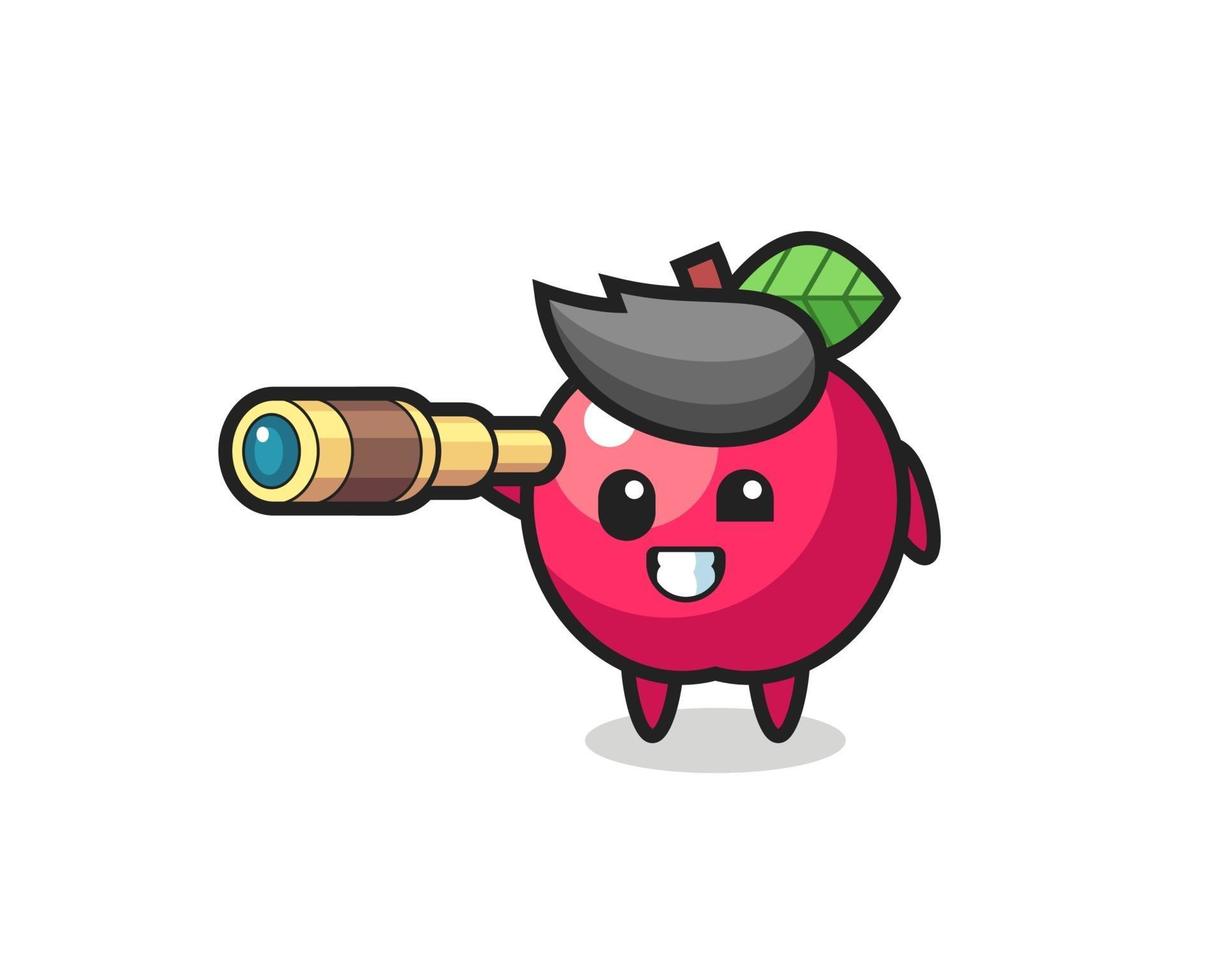 cute apple character is holding an old telescope vector