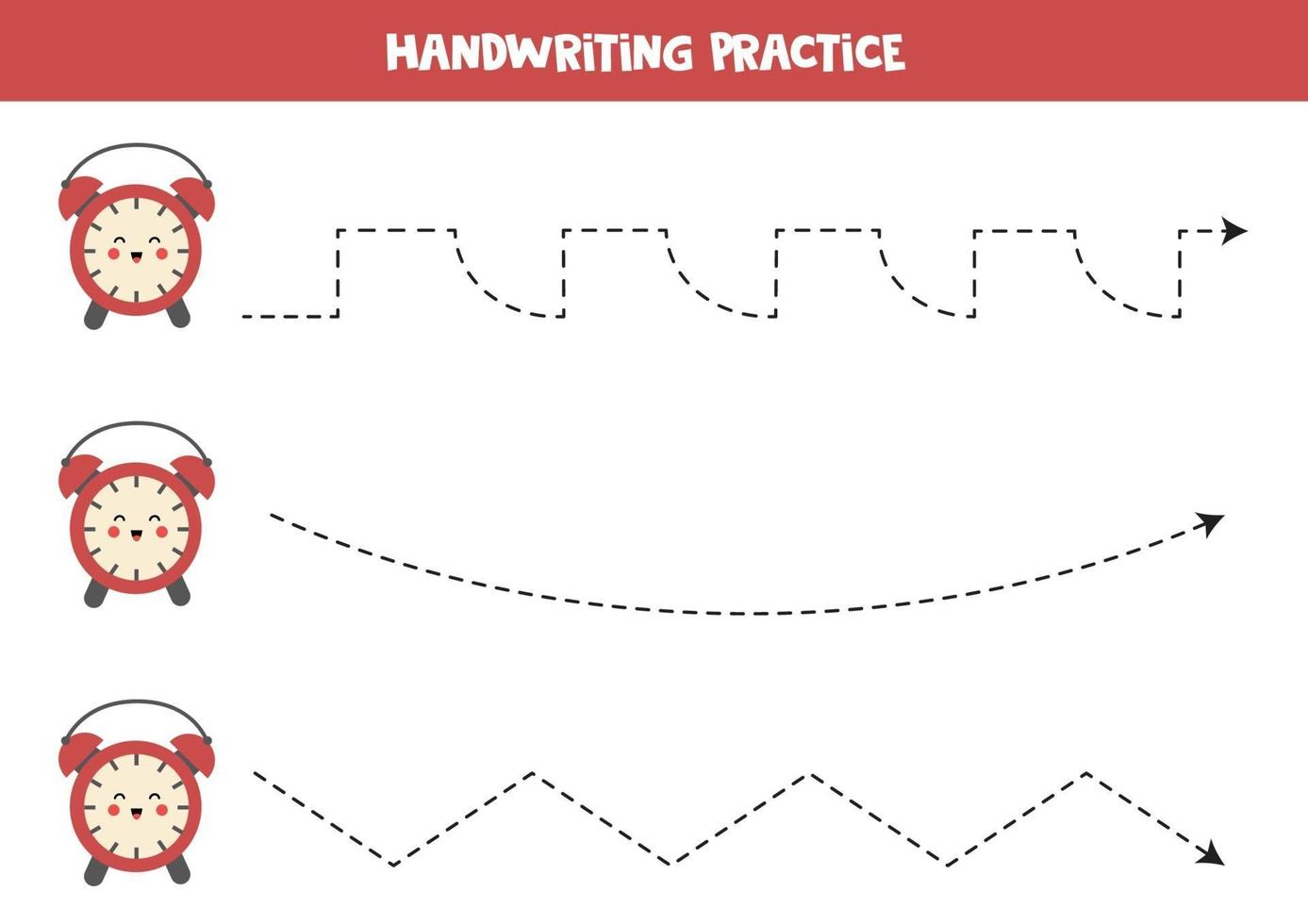 Tracing lines with cute red alarm clock. Writing practice. vector