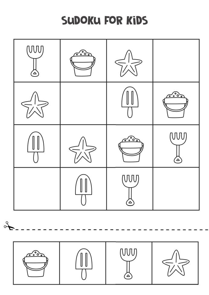 juego de sudoku para niños con lindos elementos veraniegos en blanco y negro. vector