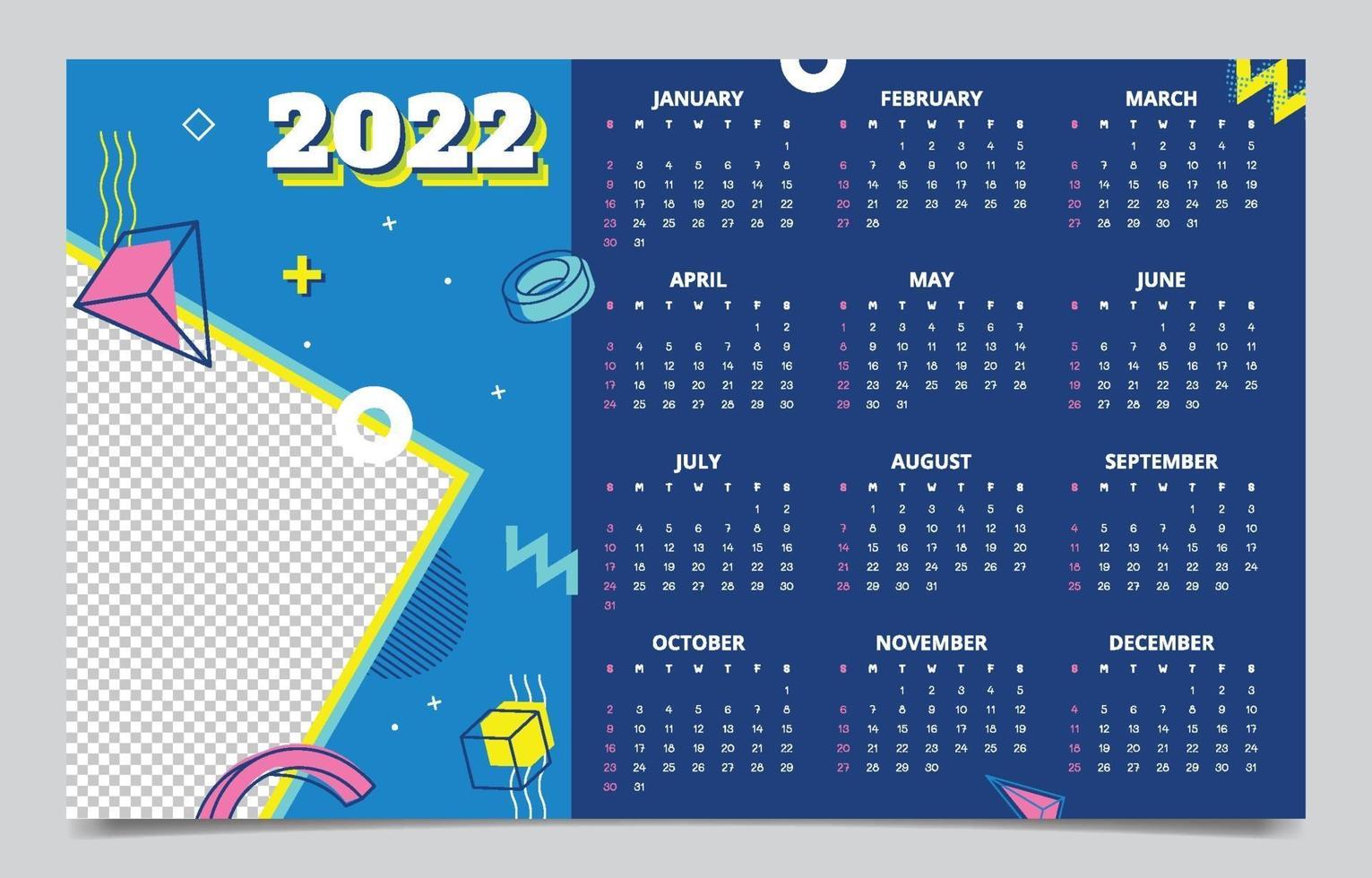 2022 calendario plantilla de maqueta de estilo memphis vector