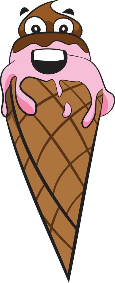 lindo helado sabroso en cono de galleta con helado de fresa goteando vector