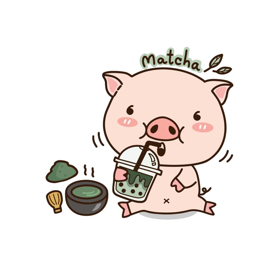 Cute pig drinking green tea cartoon, vector illustration