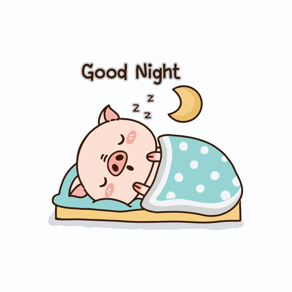 Little pig sleeping on a pillow in bed. vector