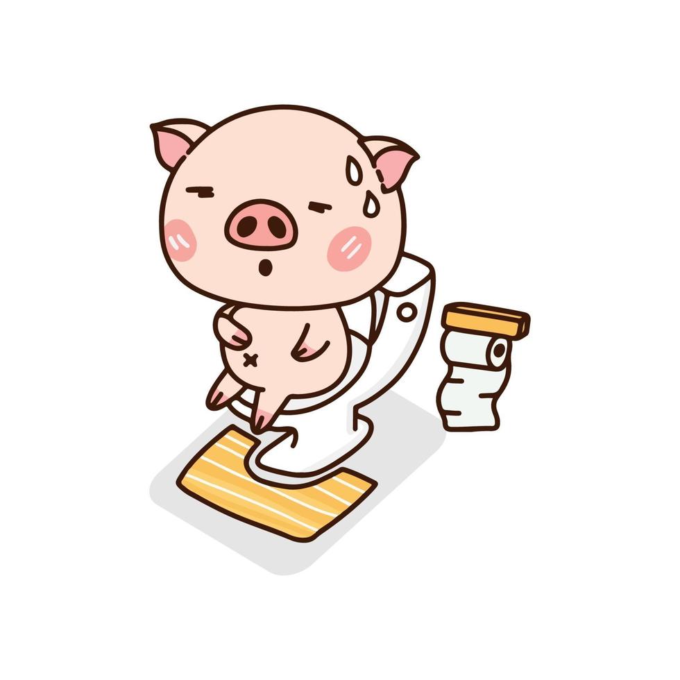 Cute Pig Pooping On Toilet. vector