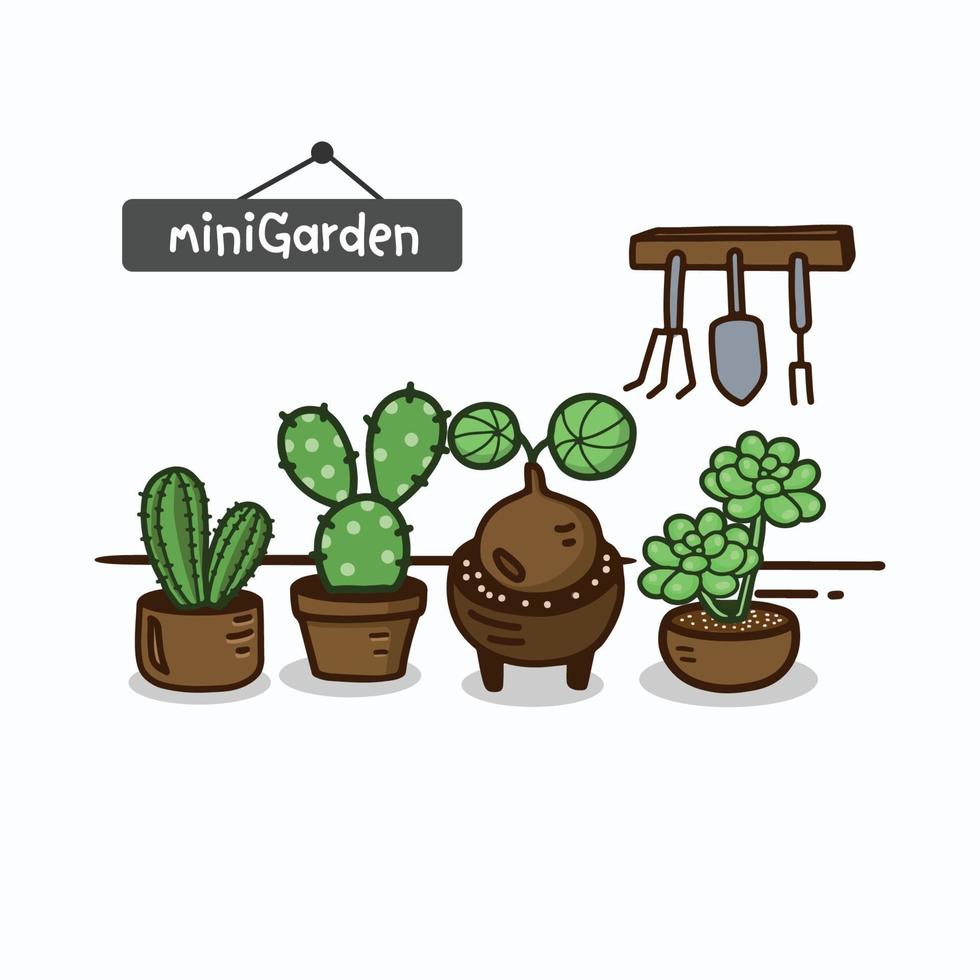 Set of cactus plants in garden. Hand drawn vector illustration.