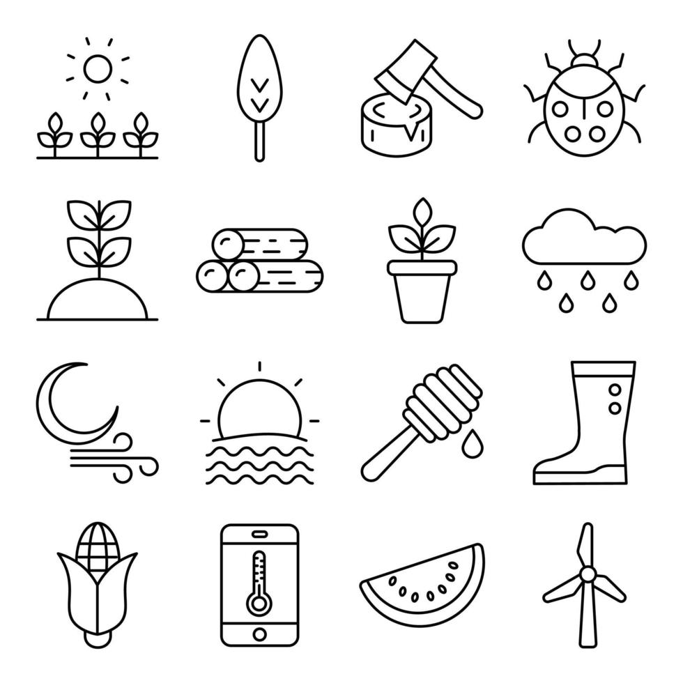 paquete de iconos lineales de naturaleza y agricultura vector