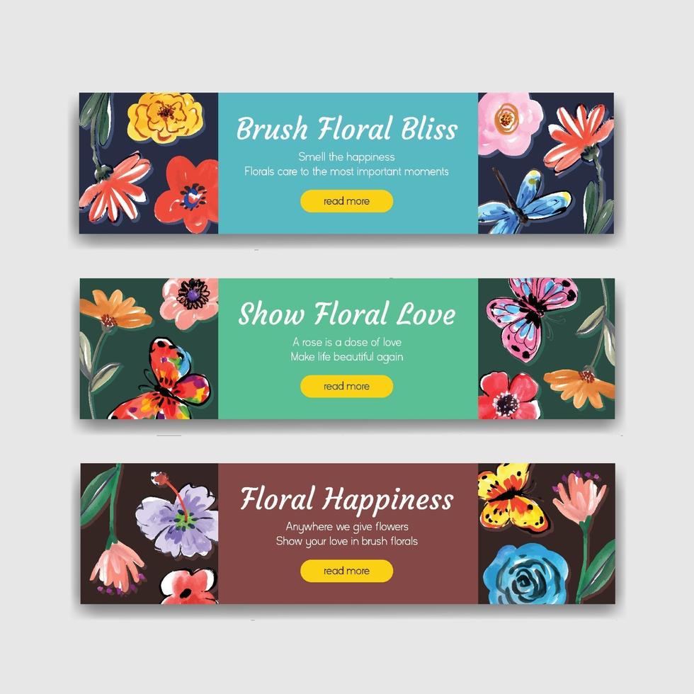 Banner template with brush florals concept design watercolor vector