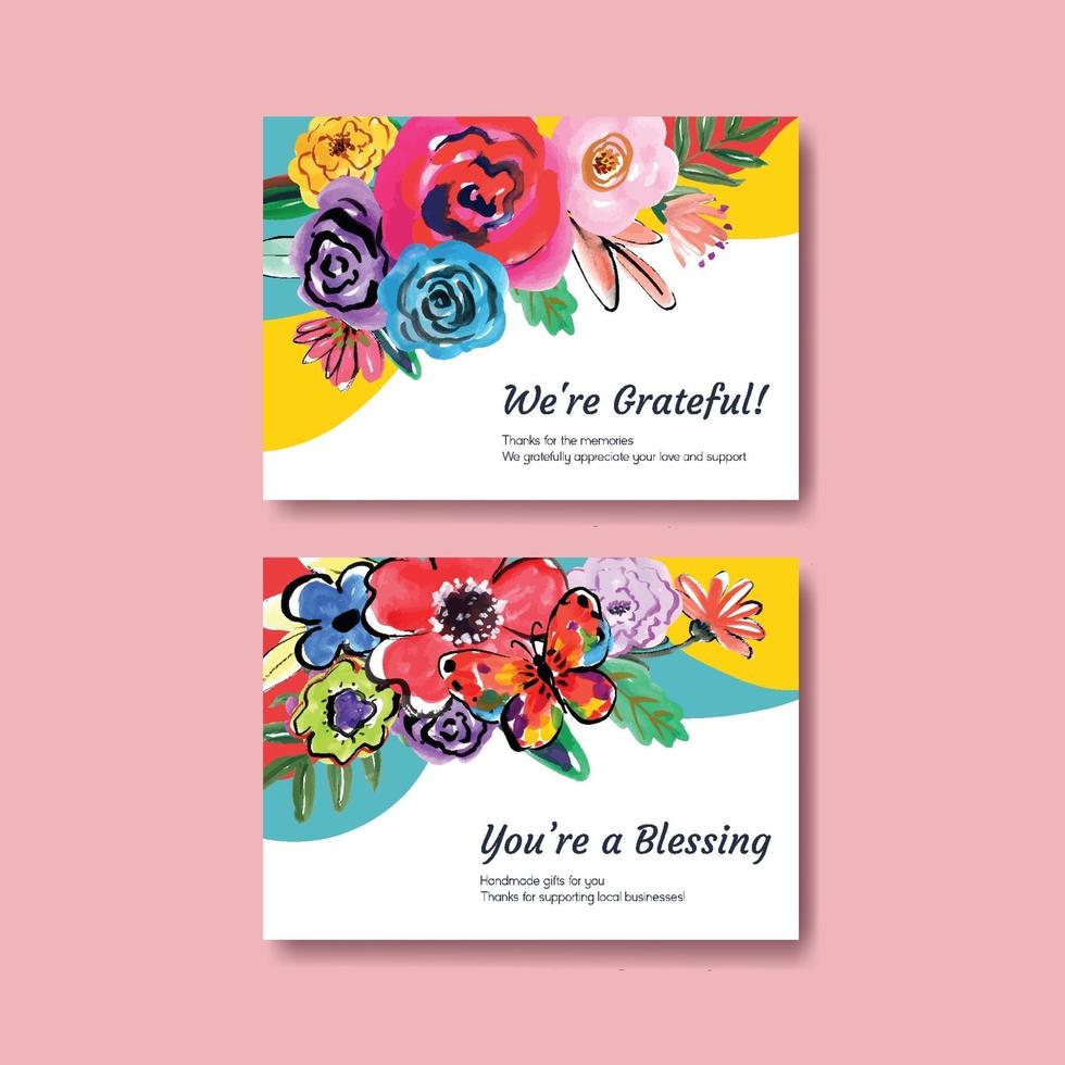 Thank you card template with brush florals concept design watercolor vector