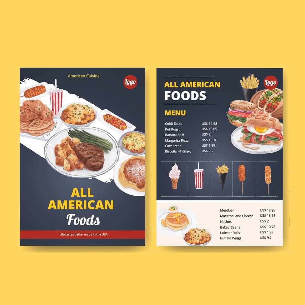 Munu template with American foods concept,watercolor style vector
