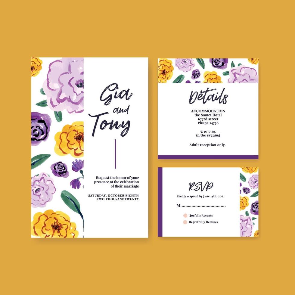 Wedding card template with brush florals concept design watercolor vector