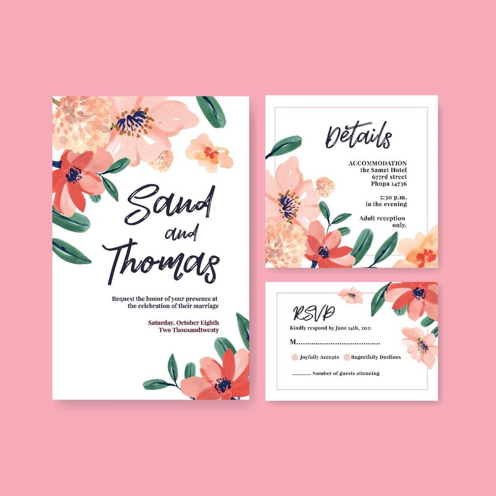 Wedding card template with brush florals concept design watercolor vector