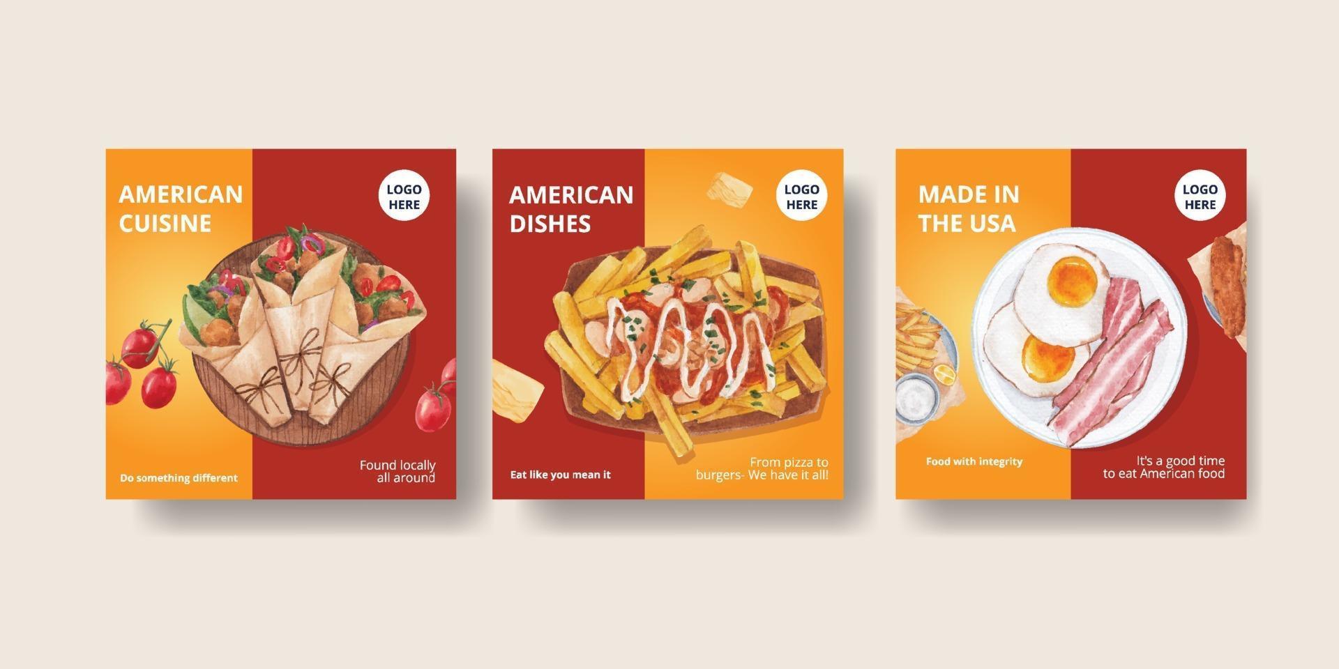 Banner template with American foods concept,watercolor style vector