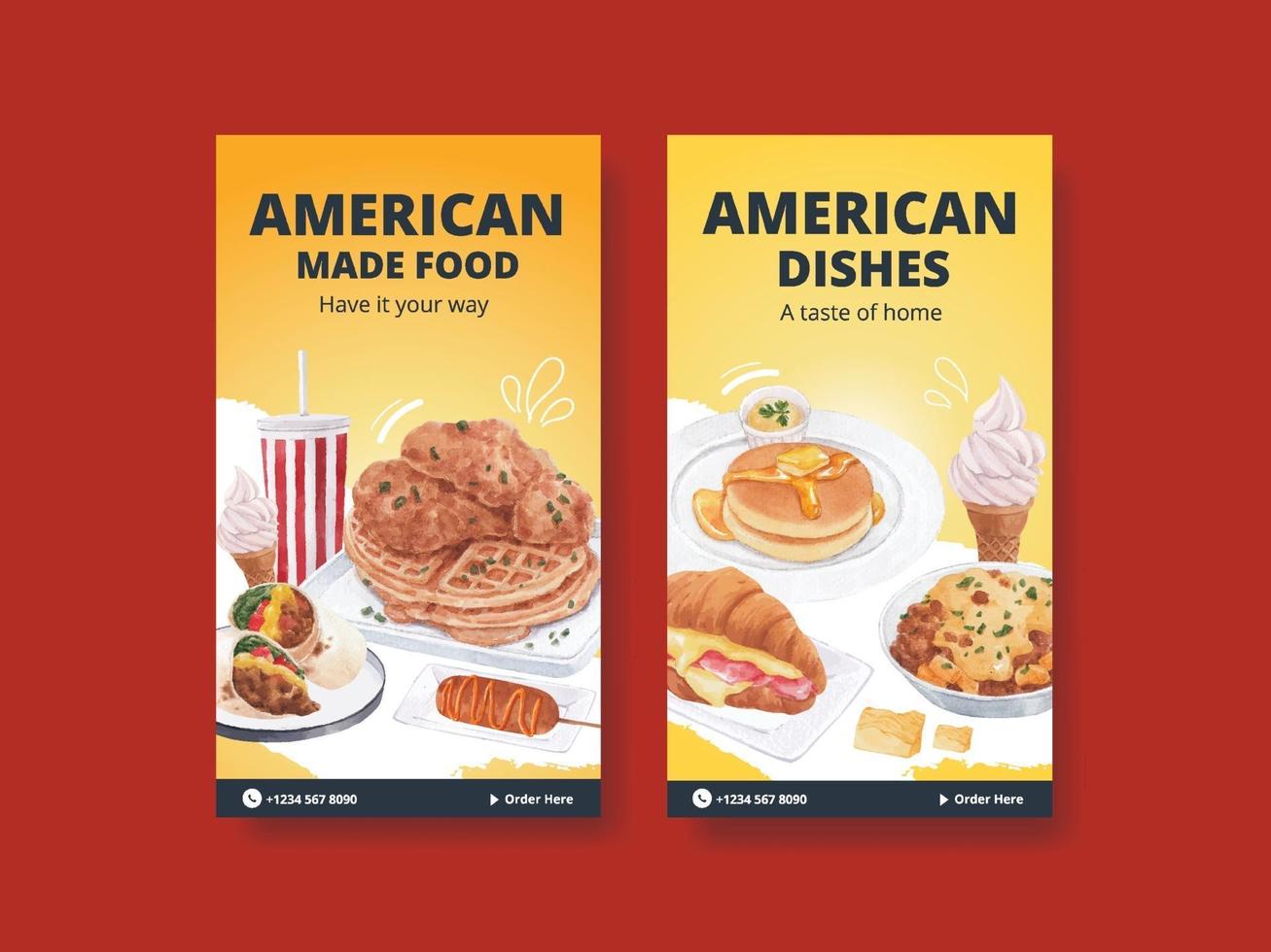 Template with American foods concept,watercolor style vector
