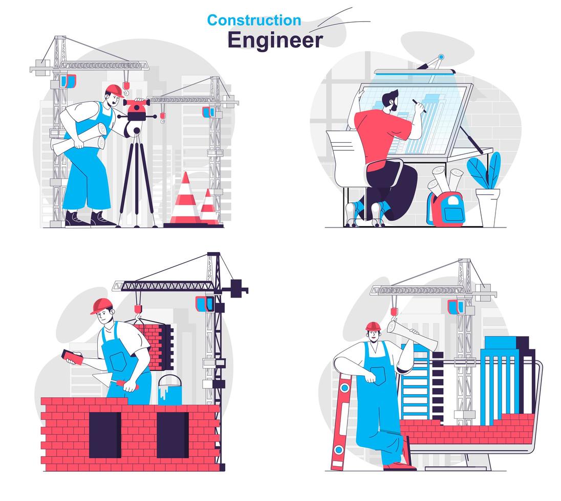 Construction concept set people isolated scenes in flat design vector
