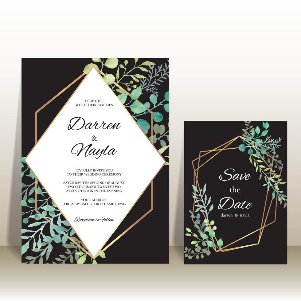 Elegant wedding invitation template with watercolor leaves vector