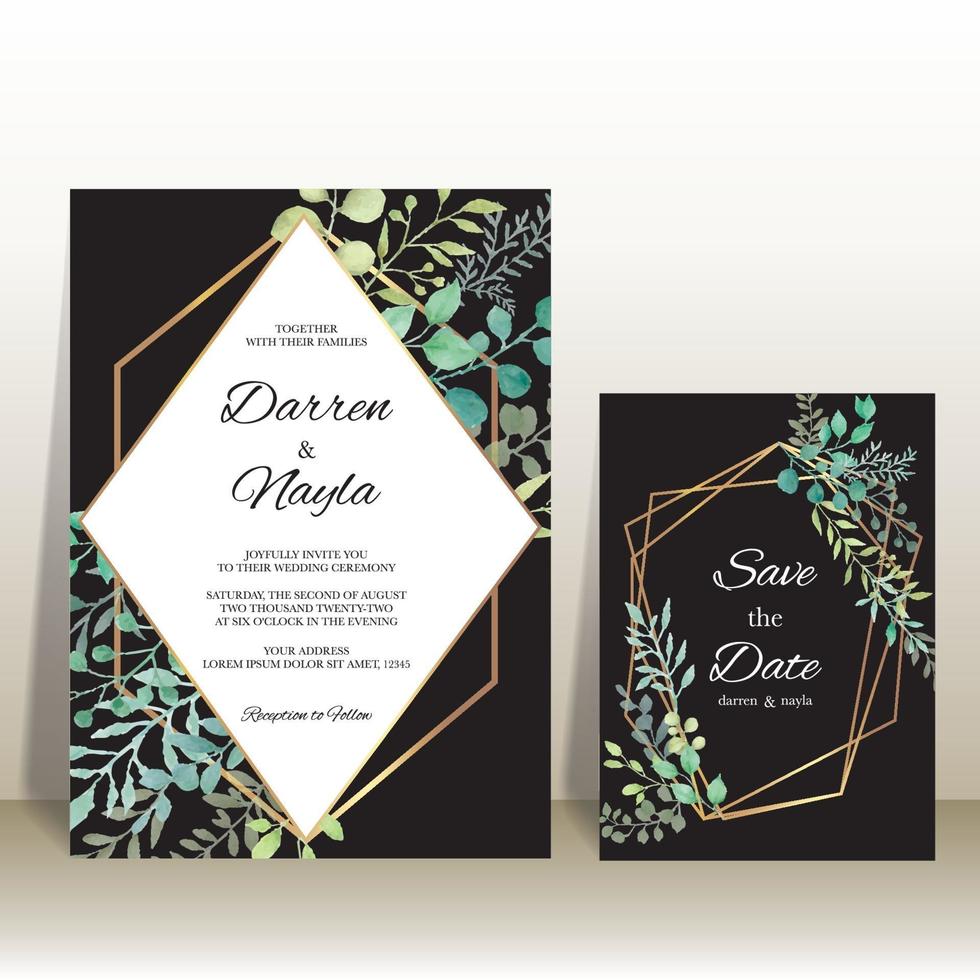 elegante plantilla de invitación de boda con hojas de acuarela vector