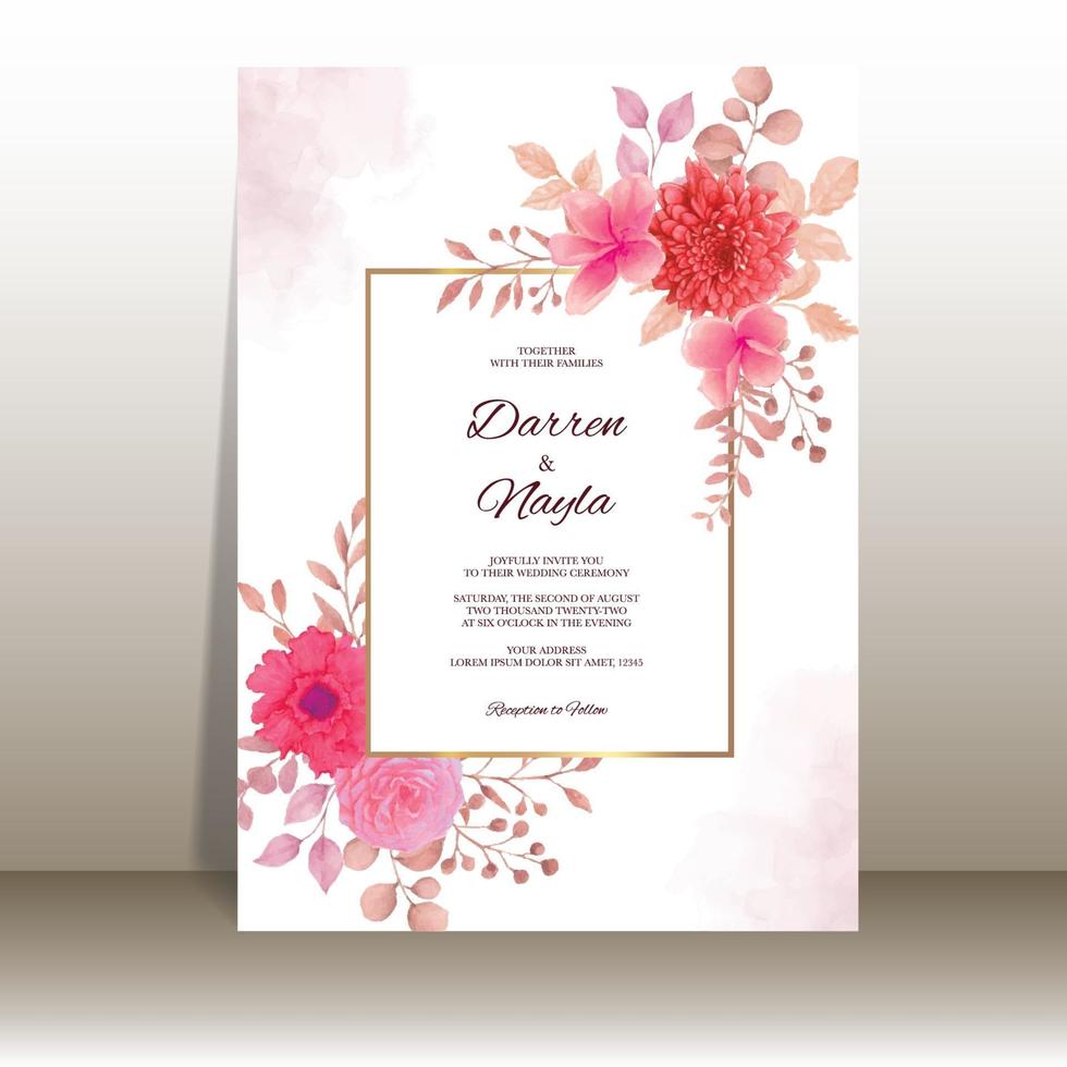 elegante invitación de boda con flor de acuarela vector