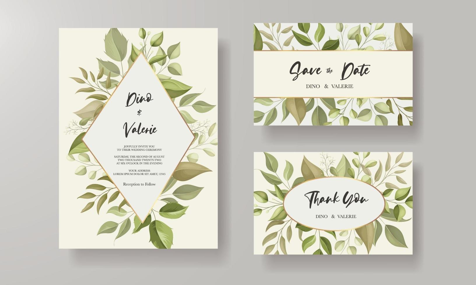 hermosa tarjeta de invitación de boda con decoración de hojas vector