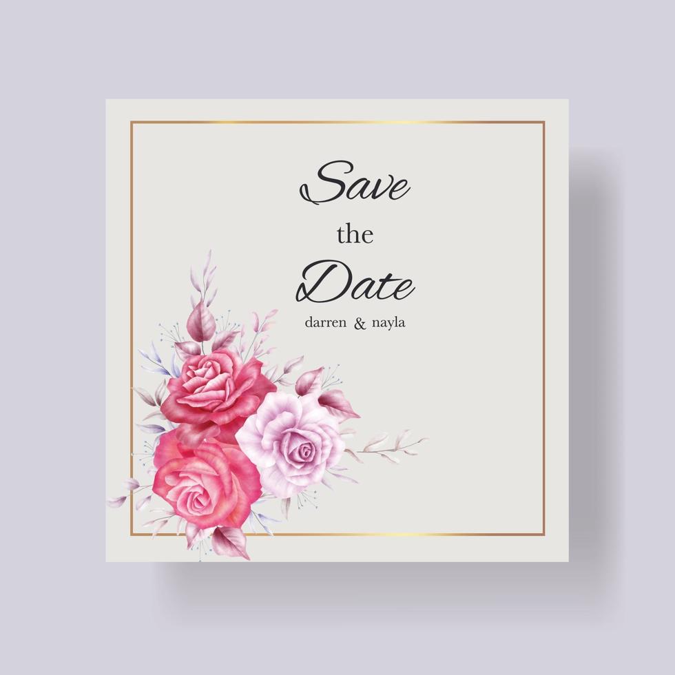 Plantilla de tarjeta de invitación de boda romántica con flores de acuarela vector