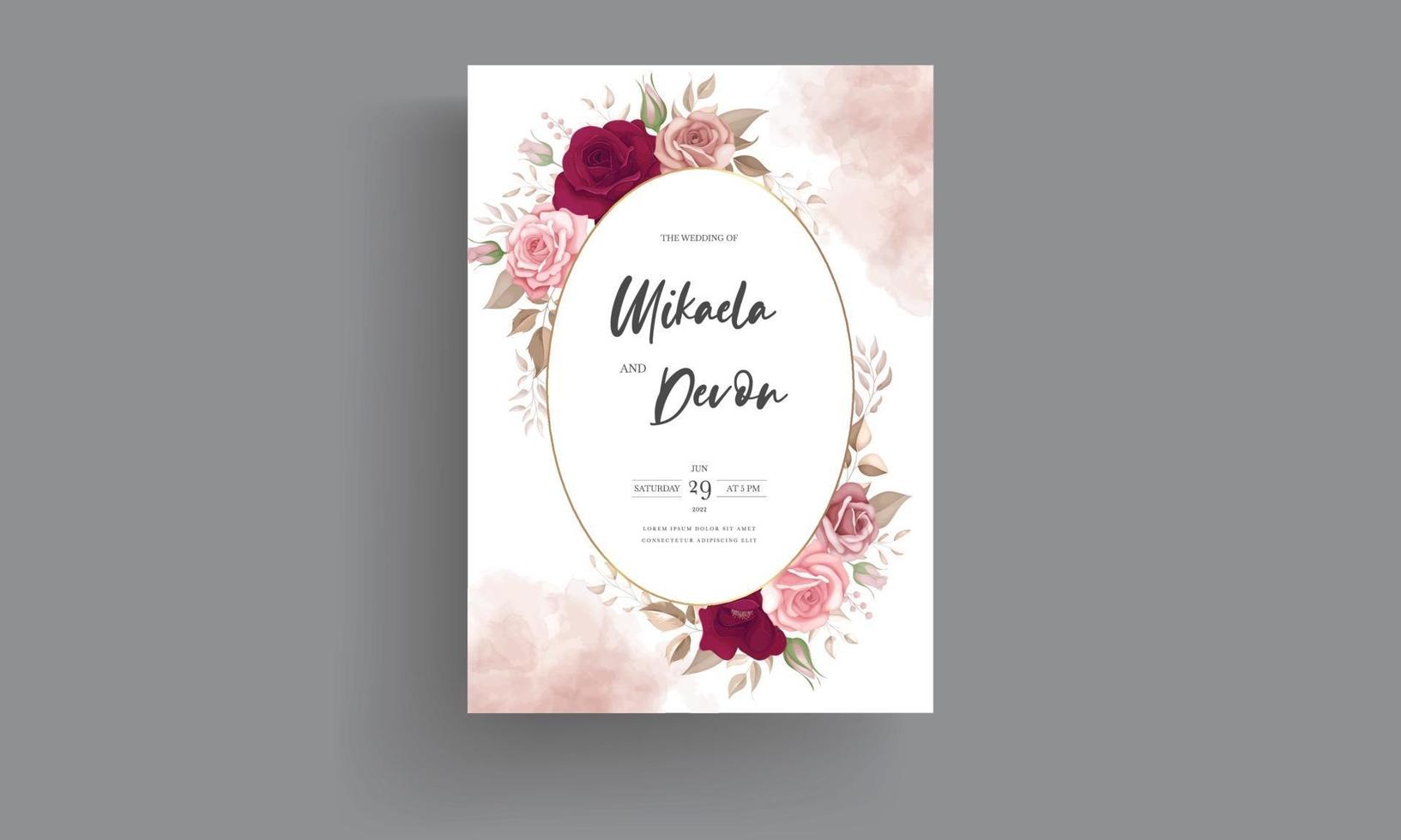 elegante tarjeta de invitación de boda con hermosas rosas granate vector