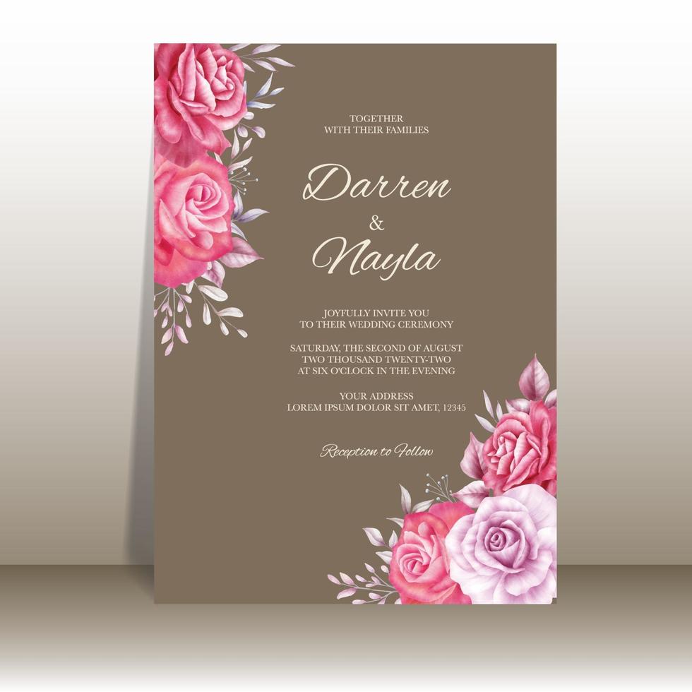 Plantilla de tarjeta de invitación de boda romántica con flores de acuarela vector