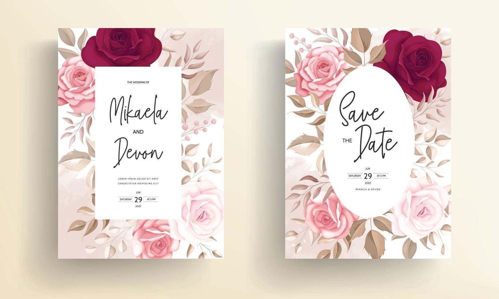 elegante tarjeta de invitación de boda con hermosas rosas granate vector