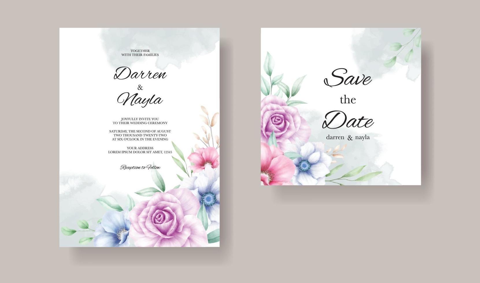 Plantilla de tarjeta de invitación de boda romántica con flores de acuarela vector