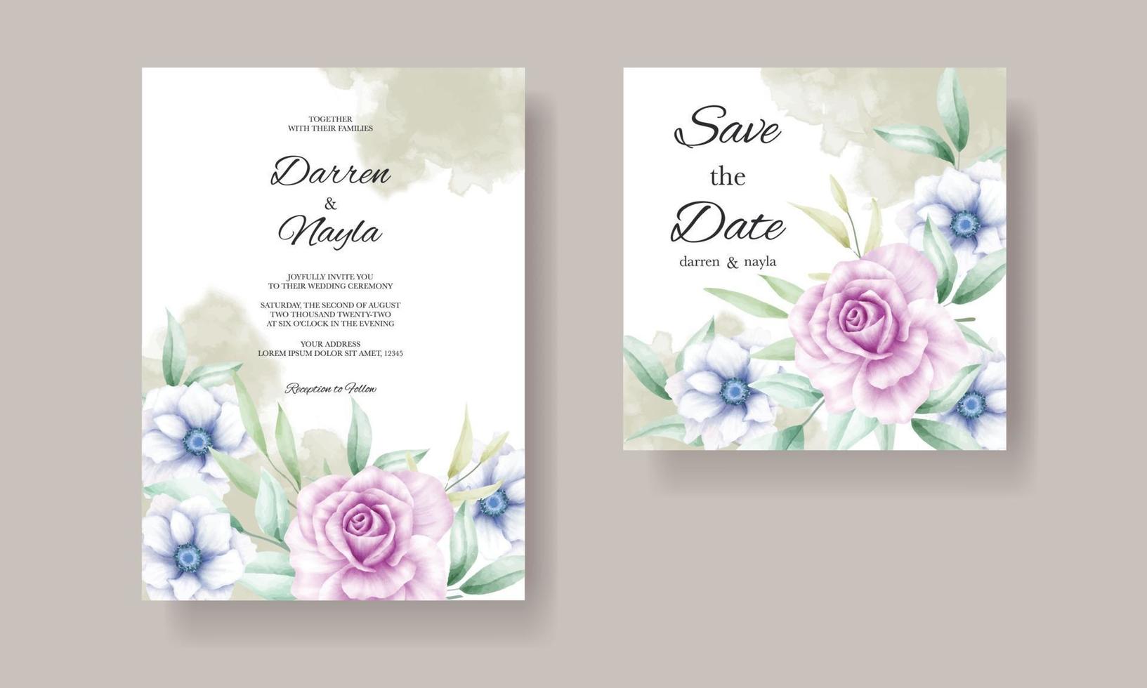 elegante y lujosa tarjeta de invitación de boda floral acuarela vector