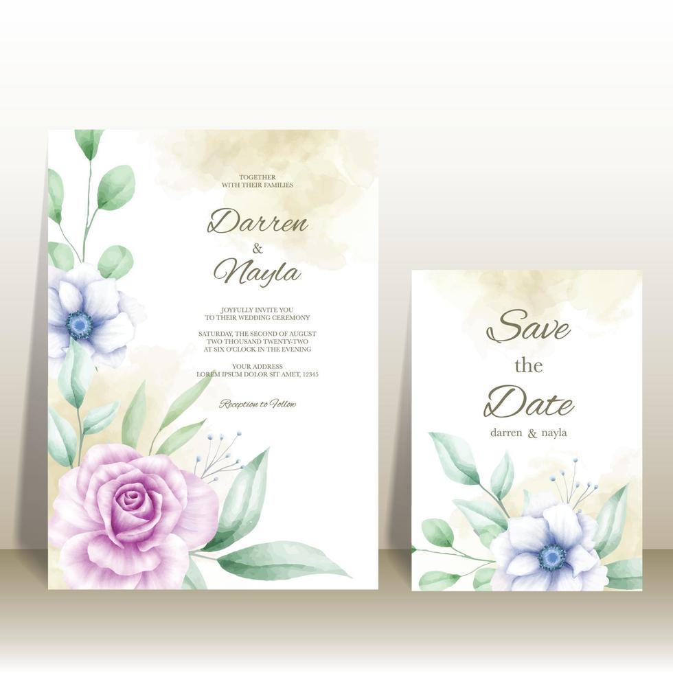 Romantic wedding invitation card template with watercolor flowers vector