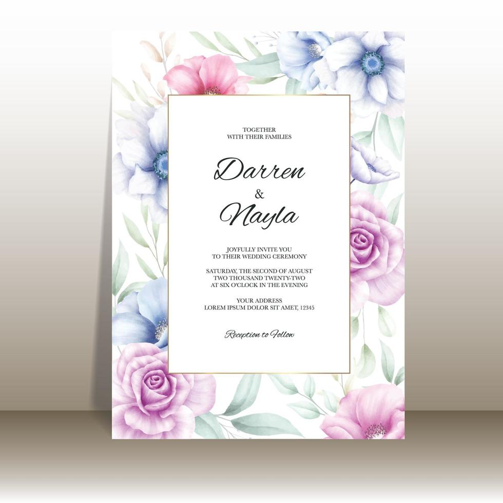 Plantilla de tarjeta de invitación de boda romántica con flores de acuarela vector