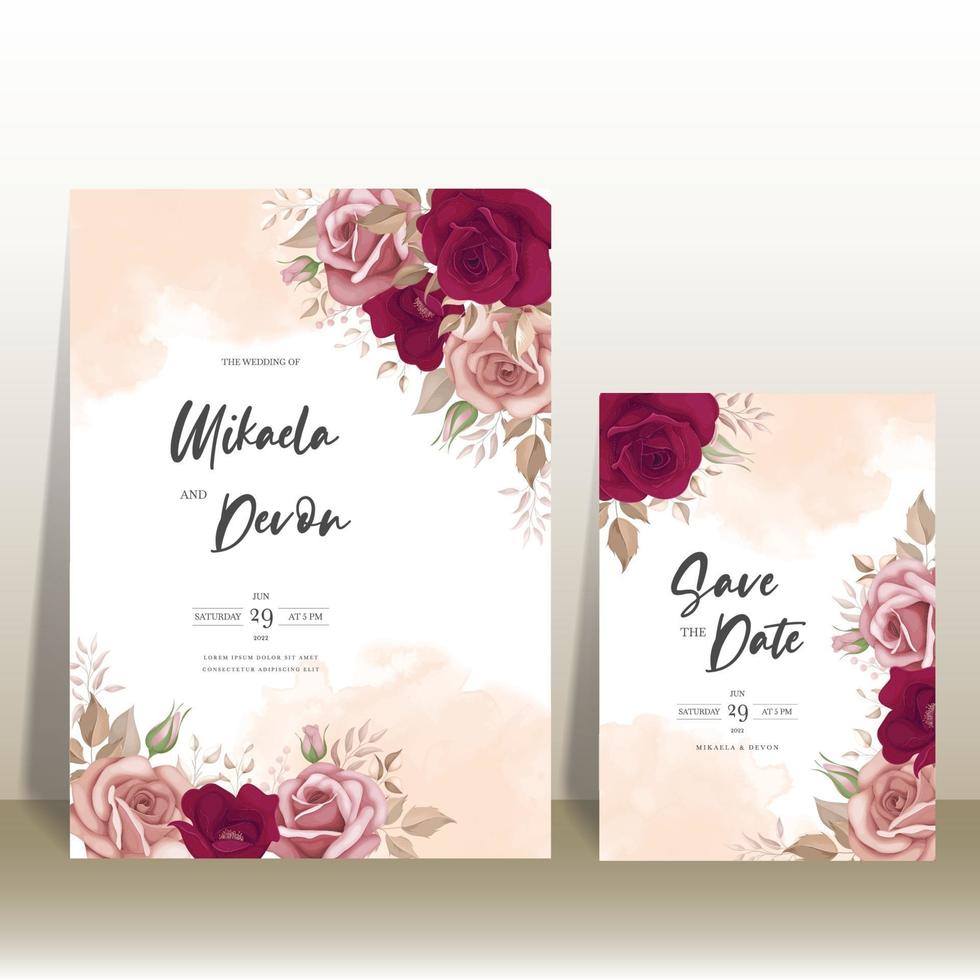 Elegant wedding invitation card with beautiful maroon roses vector