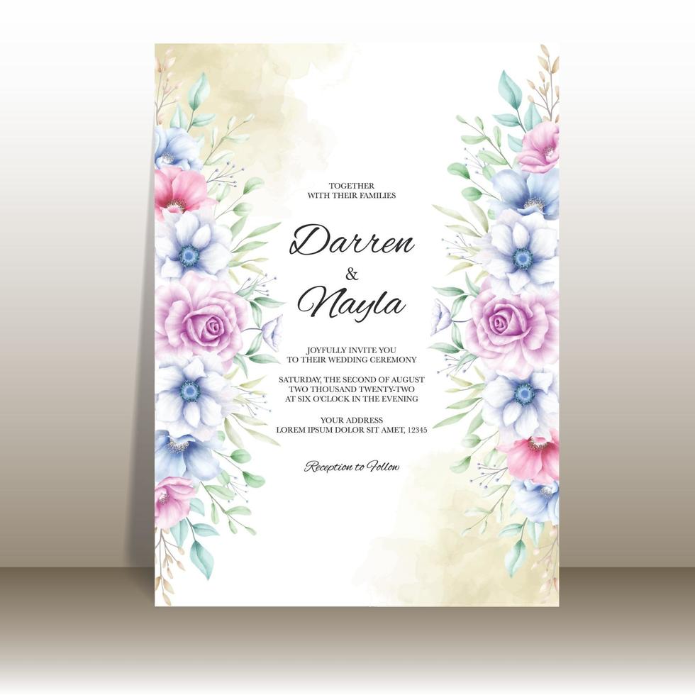 Plantilla de tarjeta de invitación de boda romántica con flores de acuarela vector