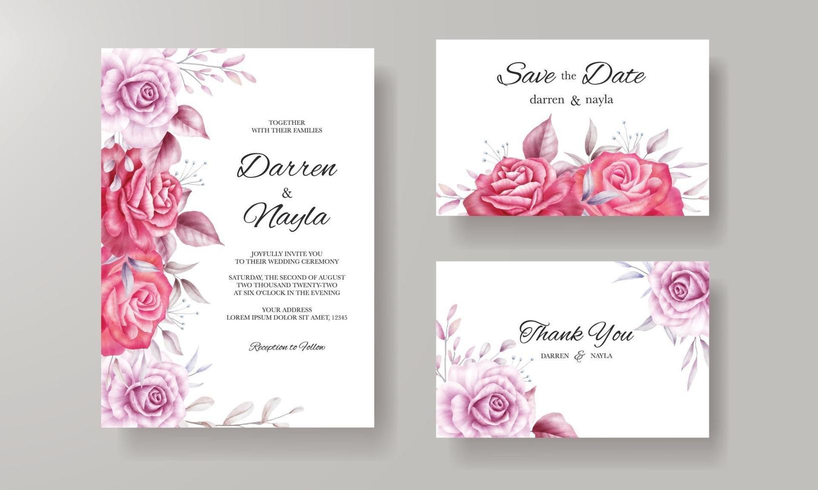 Plantilla de tarjeta de invitación de boda romántica con flores de acuarela vector