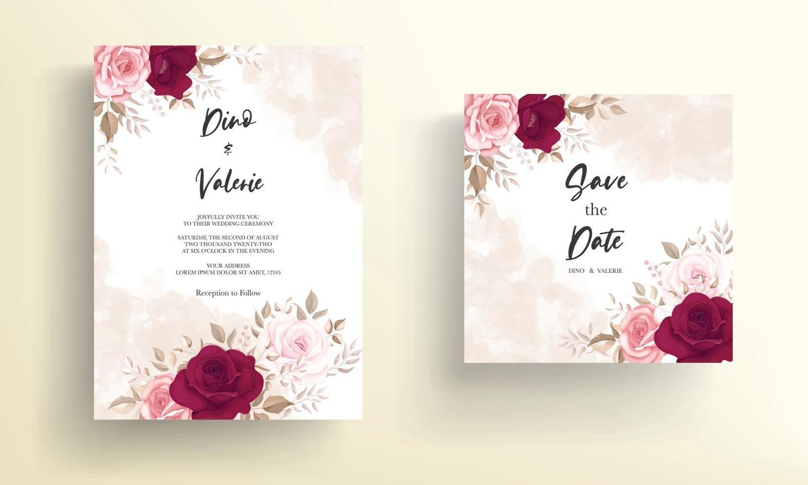 elegante tarjeta de invitación de boda con hermosas rosas granate vector