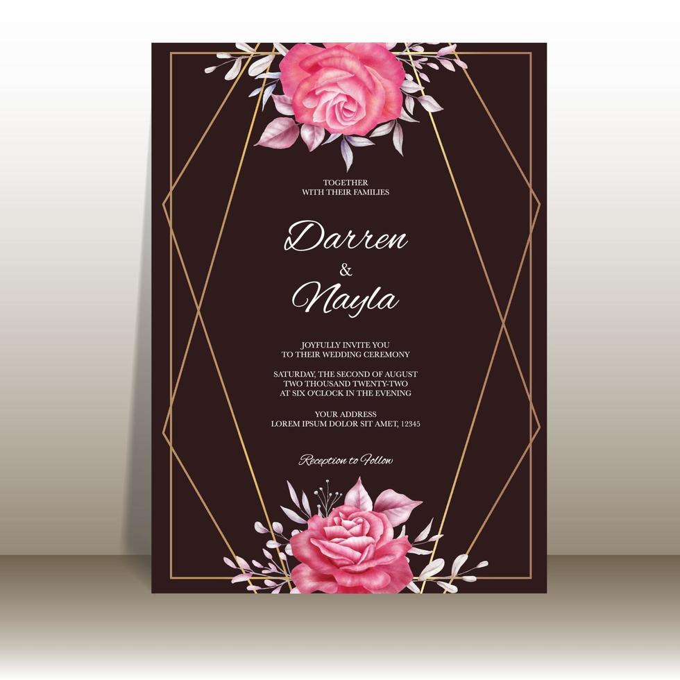 Romantic wedding invitation card template with watercolor flowers vector