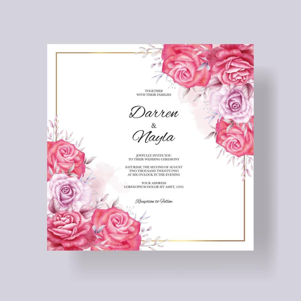 hermosa tarjeta de invitación de boda con flores de acuarela vector