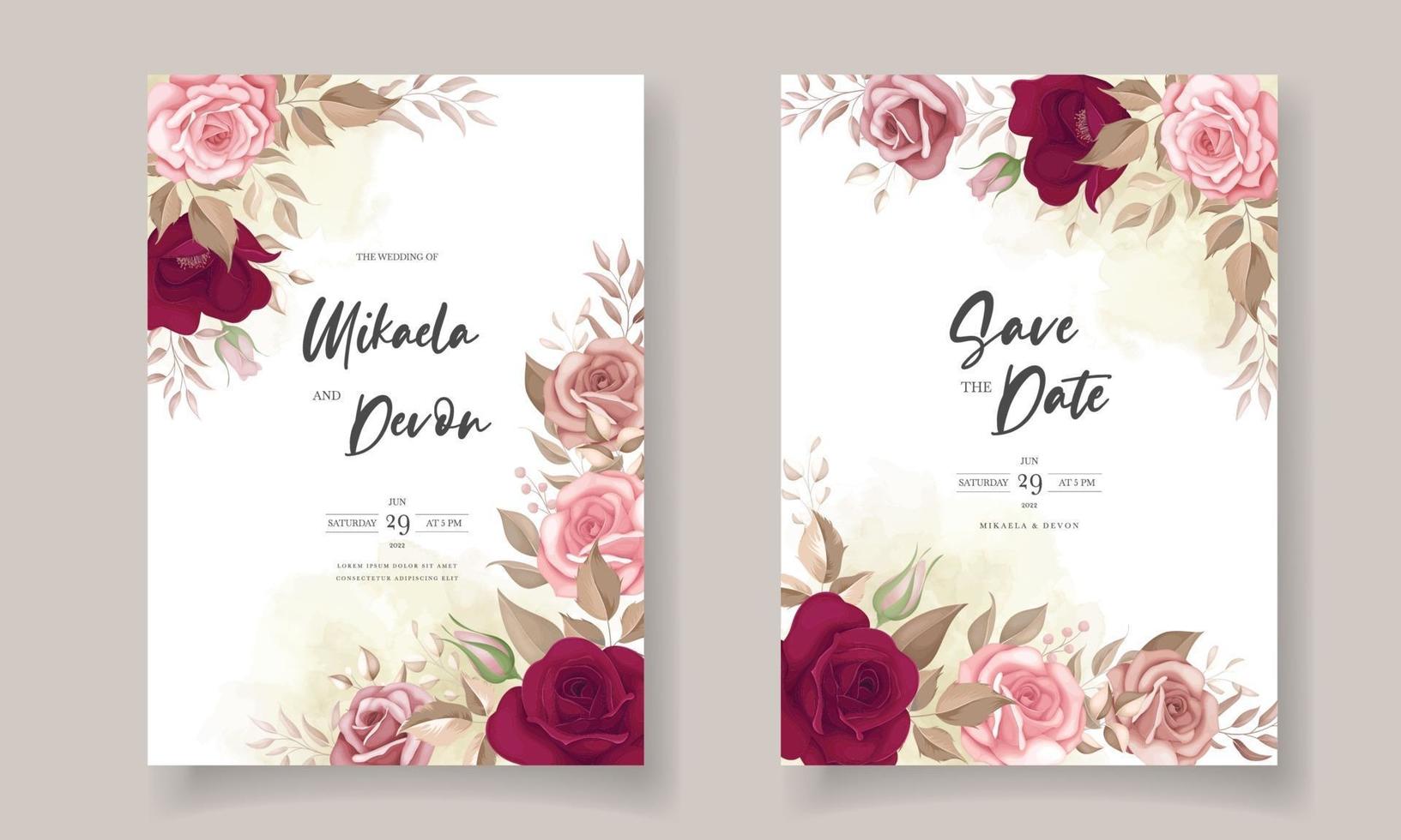 elegante tarjeta de invitación de boda con hermosas rosas granate vector