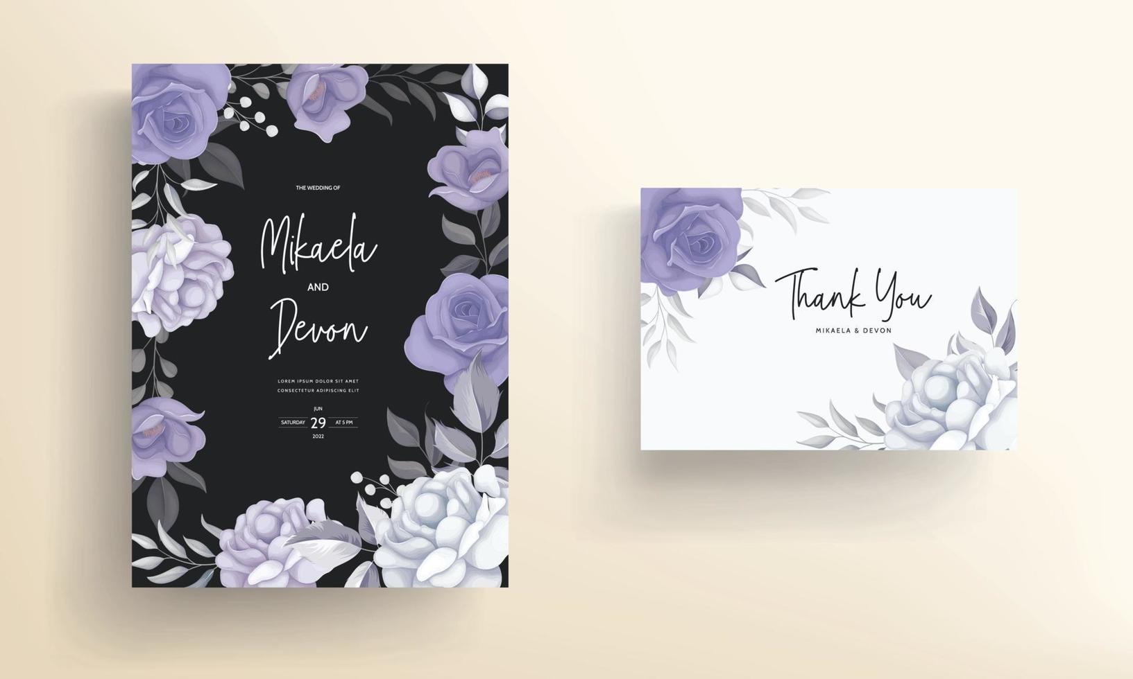 Beautiful wedding invitation card with purple flower decoration vector