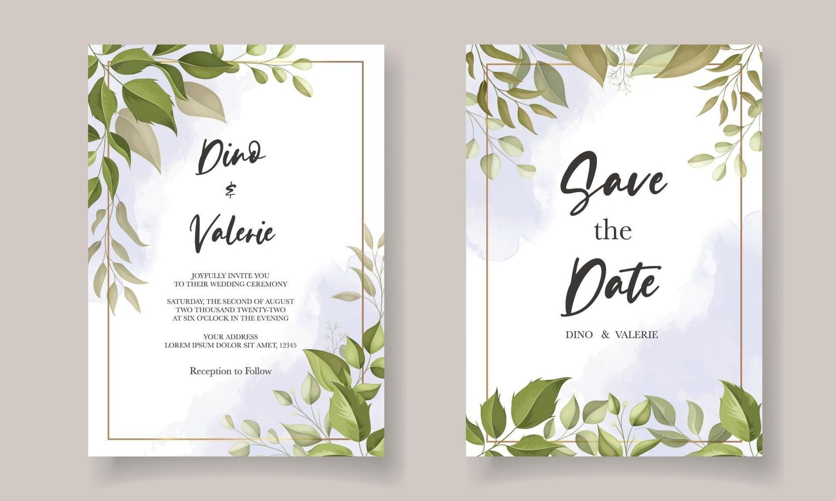 hermosa tarjeta de invitación de boda con decoración de hojas vector