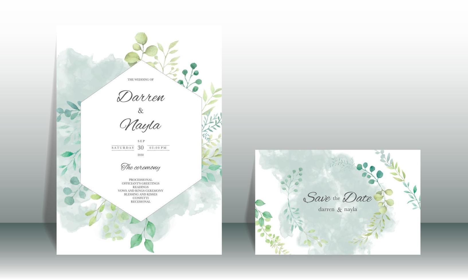 elegante plantilla de invitación de boda con hojas de acuarela vector