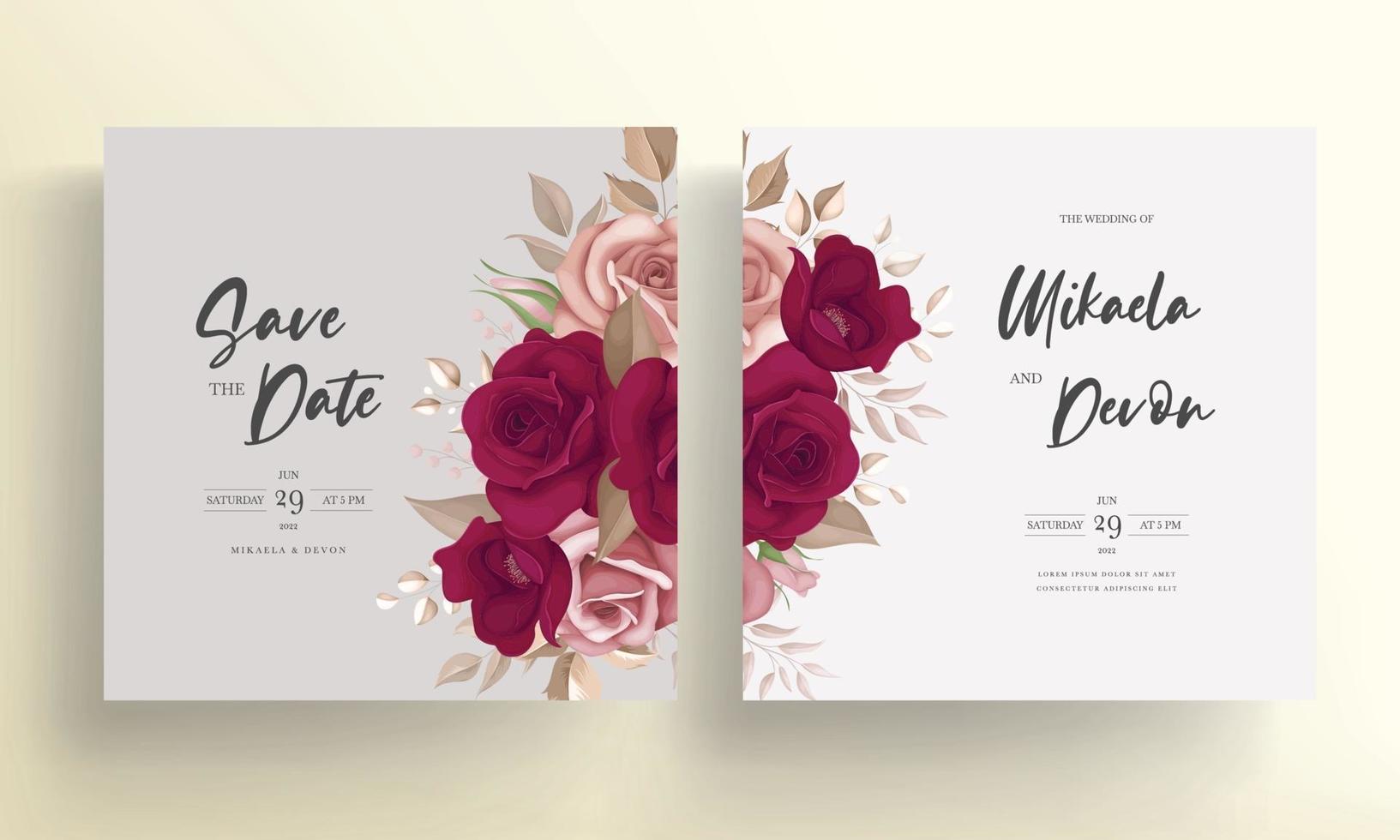 elegante tarjeta de invitación de boda con hermosas rosas granate vector