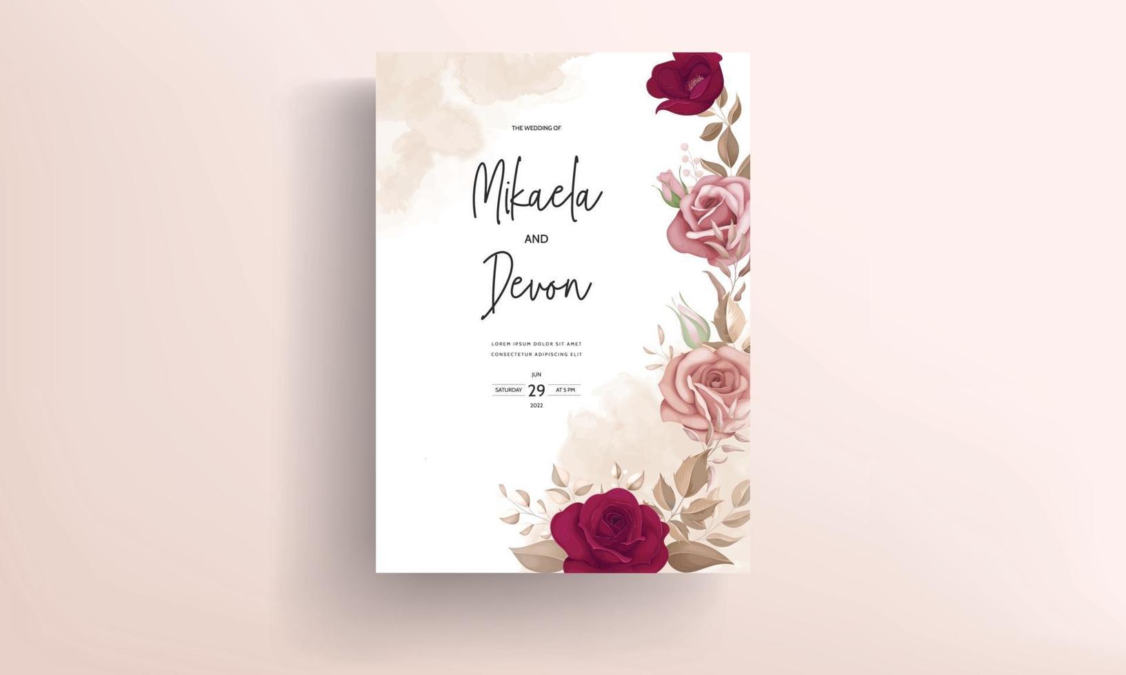 elegante tarjeta de invitación de boda con hermosas rosas granate vector