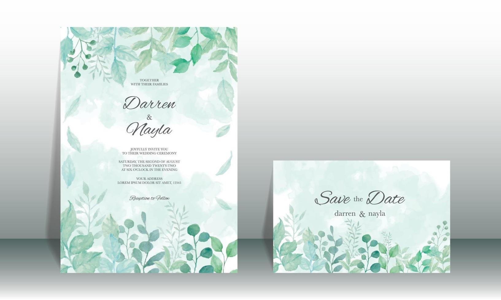 elegante plantilla de invitación de boda con hojas de acuarela vector