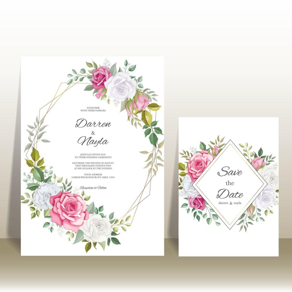 Invitación de boda floral con hermosas flores y hojas. vector