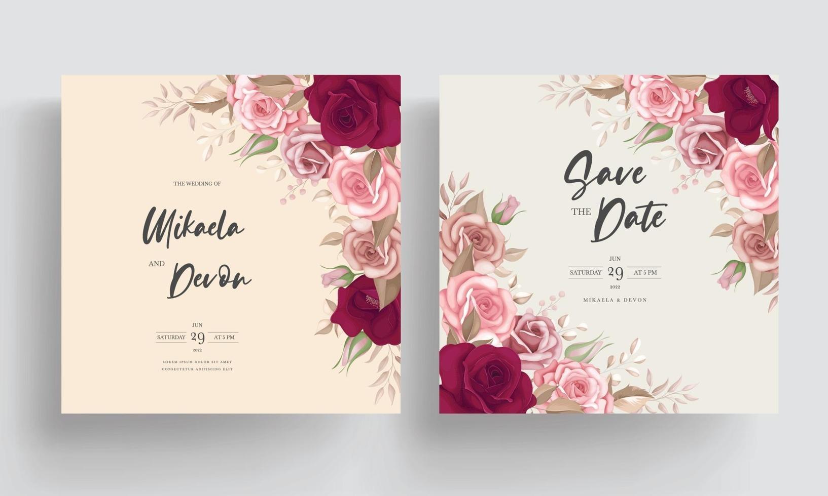 Elegant wedding invitation card with beautiful maroon roses vector