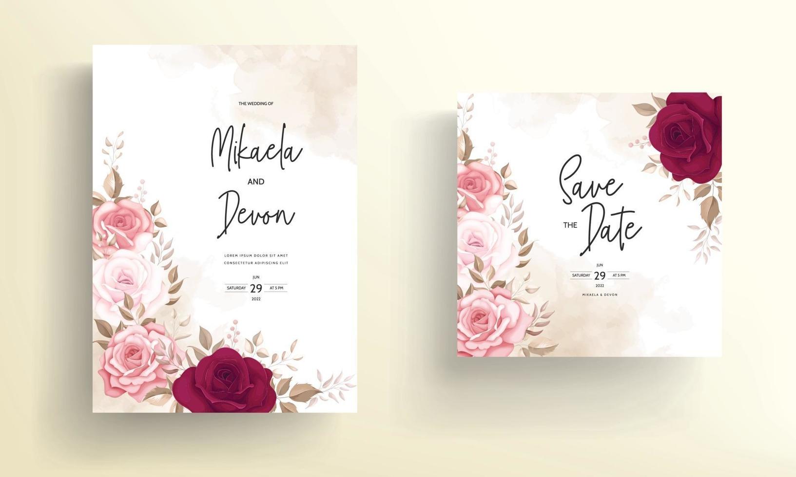 elegante tarjeta de invitación de boda con hermosas rosas granate vector